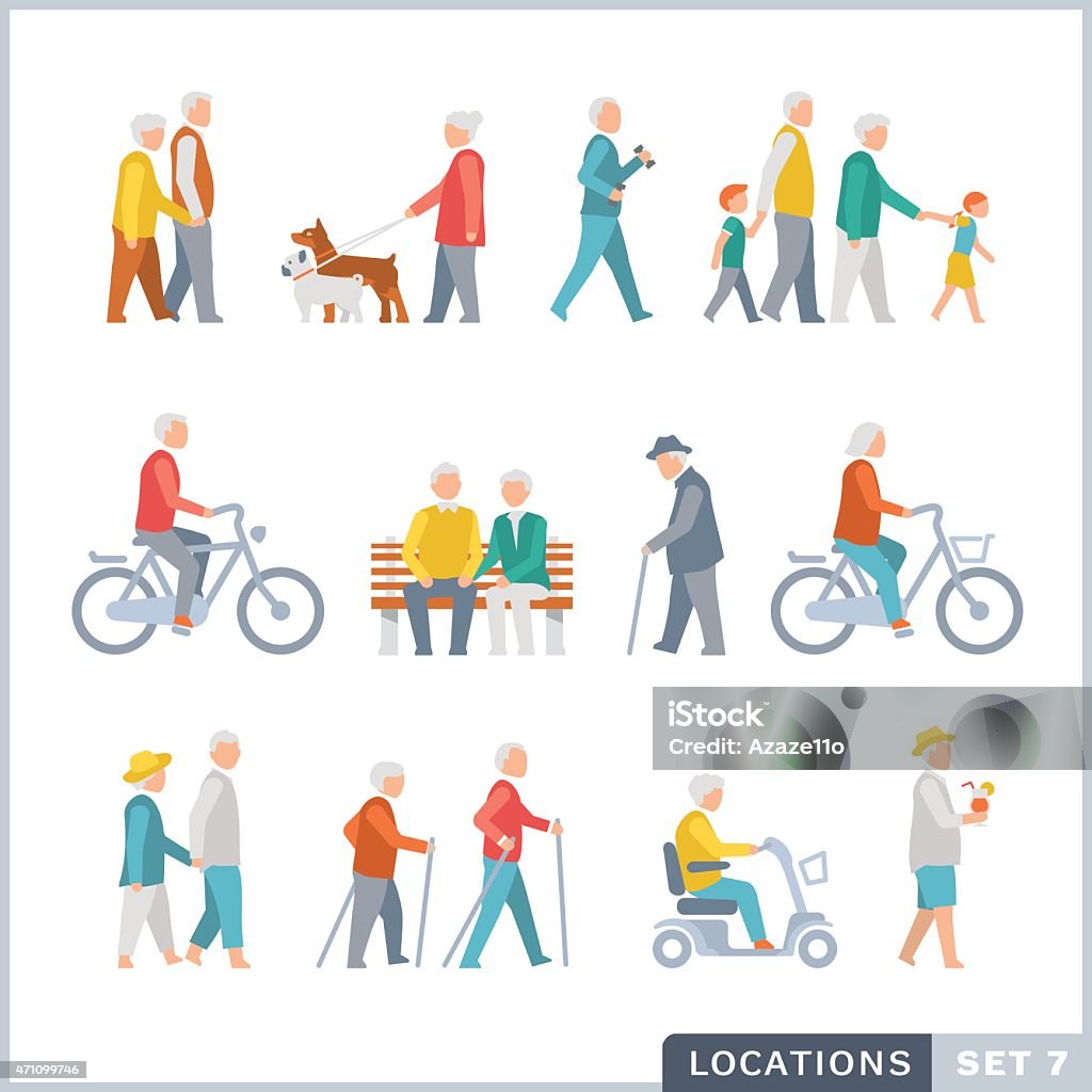 Older People on the street. Neighbors. Activities. Isolated vector illustrations. Flat icon set. Senior Adult stock vector