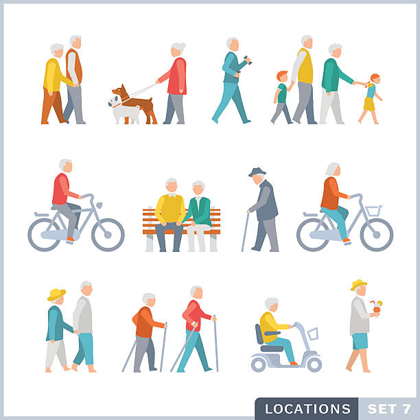 Older People on the street. Neighbors. Activities. Isolated vector illustrations. Flat icon set. senior adult stock illustrations