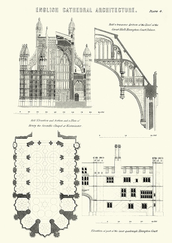 Vintage engraving of examples of English Cathedral Architecture. Hapton Court Palace, Henry VII's Chapel at Westminster