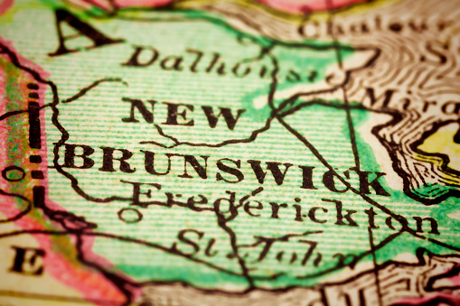 New Brunswick on a 1880's map. New Brunswick is one of Canada's three Maritime provinces. Selective focus and Canon EOS 5D Mark II with MP-E 65mm macro lens.