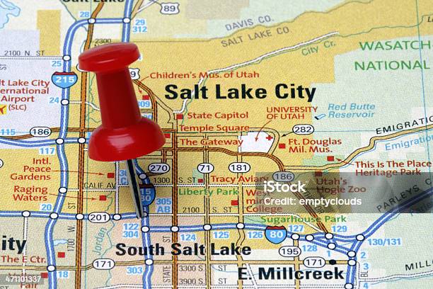 Salt Lake City Auf Einer Karte Anzeigen Stockfoto und mehr Bilder von Fernverkehr - Fernverkehr, Fotografie, Heftzwecke