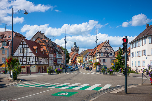 Street with beautiful half-timbered houses in the historic center of Selestat in Alsace. France