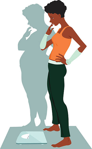 Anorexia Skinny black young woman is hesitant to step on a bathroom scale because of her distorted body image, her shadow shows her overweight, vector illustration, no transparencies, EPS 8 eating disorder stock illustrations