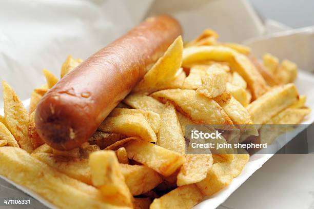 Chips And Jumbo Sausage Stock Photo - Download Image Now - Sausage, French Fries, Deep Fried