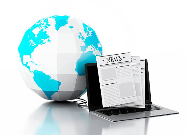 istock 3d Laptop with news and earth globe. Media concept 471108632