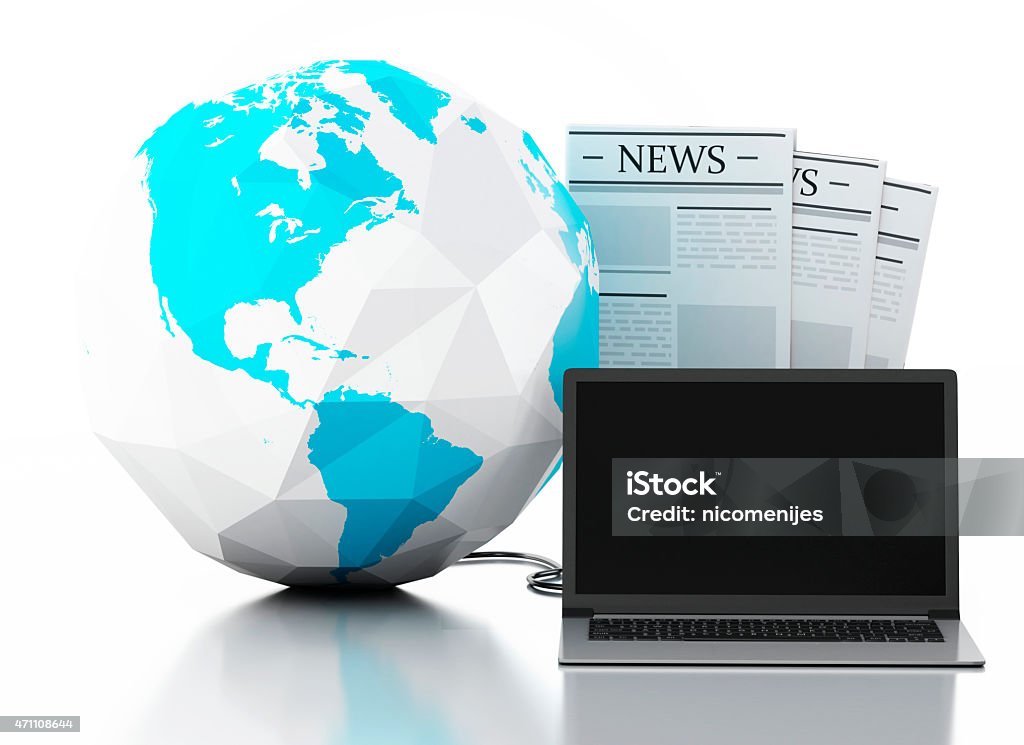 3d Laptop with news and earth globe. Media concept 3d image. Earth globe and Modern laptop with news. Internet, Media concept on white background 2015 Stock Photo