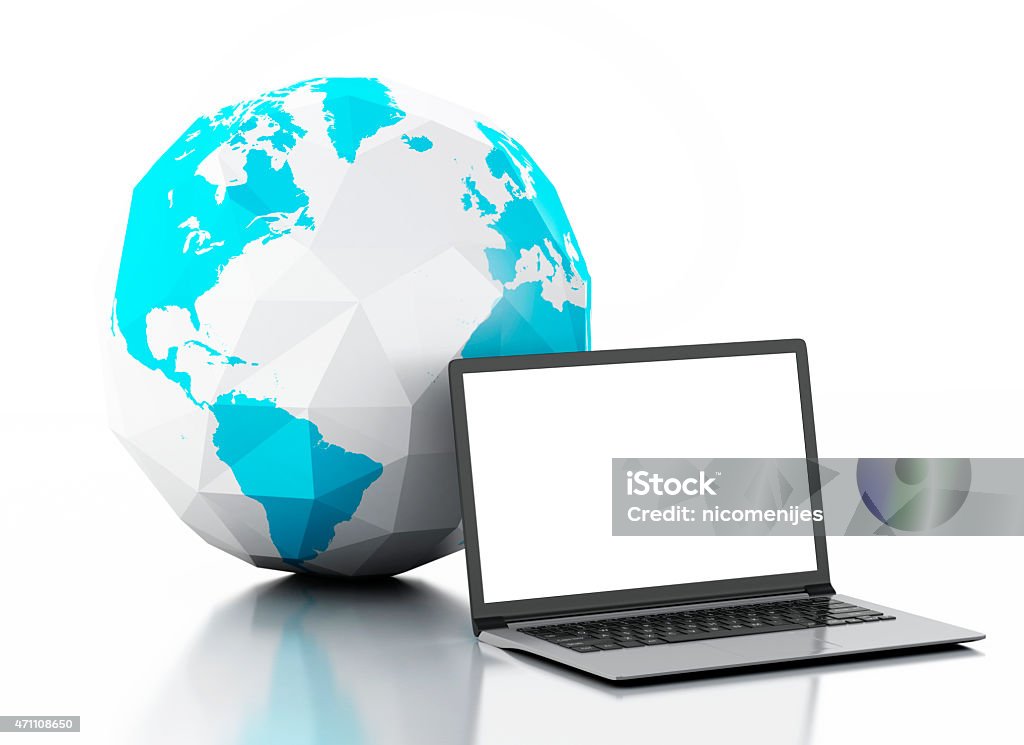 3d Laptop and earth globe. Global communication 3d image. Laptop and earth globe. Global communication concept. Isolated on white background 2015 Stock Photo