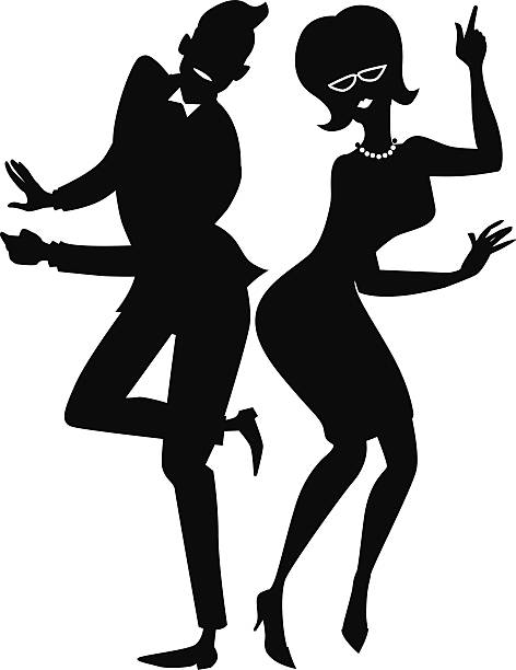 The twist couple silhouette Black vector silhouette of a young stylish couple dressed in late 1950s early 1960s fashion dancing the Twist,  EPS 8 woman beehive stock illustrations