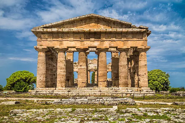 Temple of Hera at famous Paestum Archaeological UNESCO World Heritage Site, which contains some of the most well-preserved ancient Greek temples in the world, Province of Salerno, Campania, Italy.