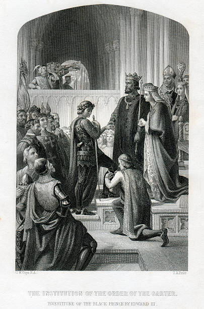 Investiture of the Black Prince by Edward III Vintage engraving showing institution of the Order of the Garter.  Engraving from 1857, Photo by D Walker.  King Edward III founded the Order of the Garter as "a society, fellowship and college of knights" in 1348. vintage garter belt stock illustrations