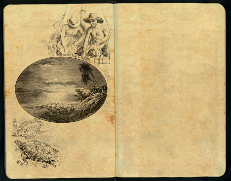 Sketch pad ornate with an 1879 illustration of two fishermen catching turtles. Paradise scene in the center frame.