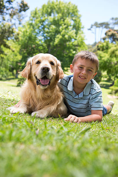 istock Little boy with his dog in the park 471111018
