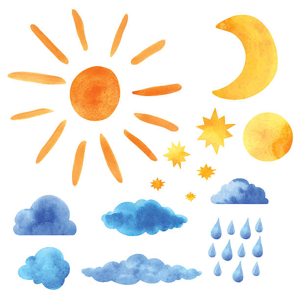 акварельные набор, облака, солнце, луна, звезды и полумесяца, raindrops - fine art painting art paint illustration and painting stock illustrations