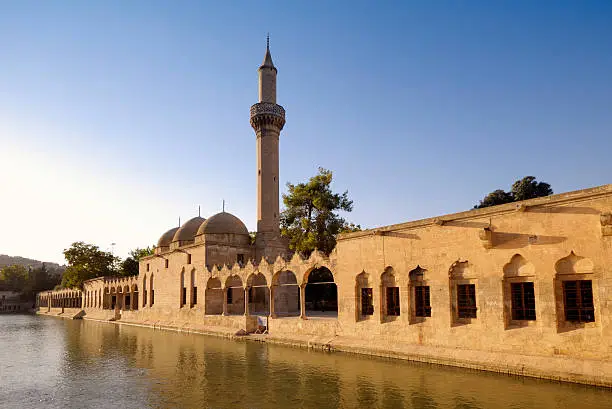 &lightboxIThere is a fish lake in the center of Sanliurfa filled with sacred fish and surrounded by Halil Rahman Mosque. It is believed that Abraham, the father of prophets, was born in Sanliurfa, whose citadel and "Fish Lake" were the scene of his struggle with Nimrod and casting into the flames. According to legends, God intervened and turned the fire into water and the wood into fish, which make up water and fish in the pool.