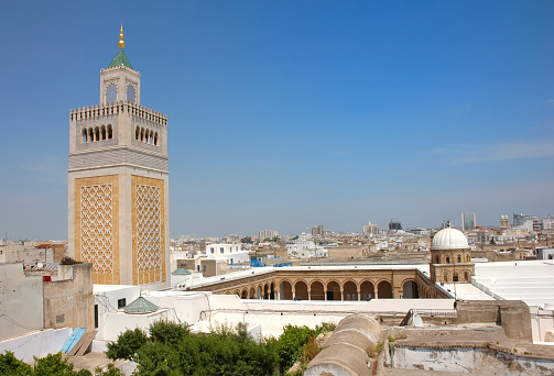 Zitouna great mosque and the cityscape of Tunis.