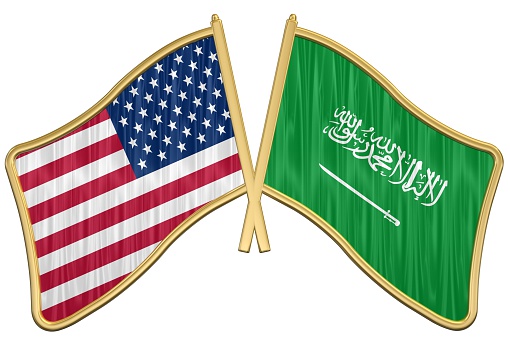 3d ray traced rendering of a golden US Friendship Flag Pin - Saudi Arabia
