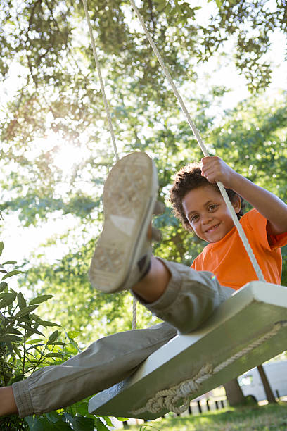 istock Happy little boy on a swing in the park 471113996