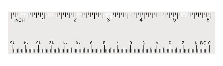 White transparent ruler, isolated inch and centimetre, inches, centimeters, centimetres, millimeters, millimetres, imperial and metric millimetre distance length units, cm and mm marks, detailed macro closeup, black numbers on plastics