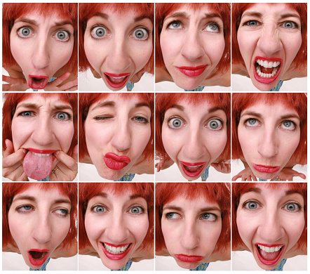 A fisheye composite of 12 different silly faces.