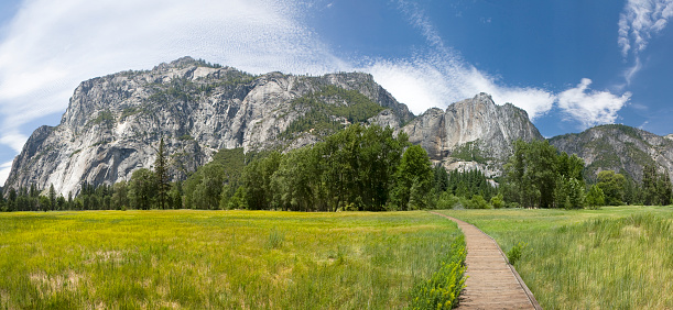 A stitched panormic view from the south side of the valley looking towards Yosemite Falls.