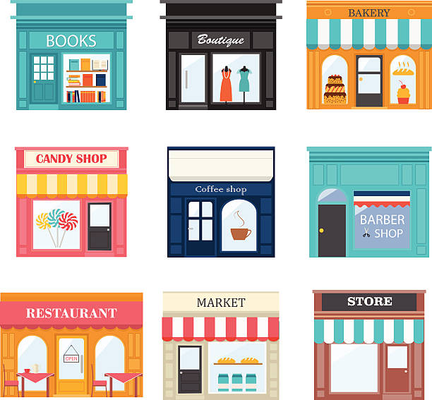 Different shops and stores icons set. Includes books store, boutique, bakery, candy shop, coffee shop, restaurant, barber shop, market small business illustrations stock illustrations