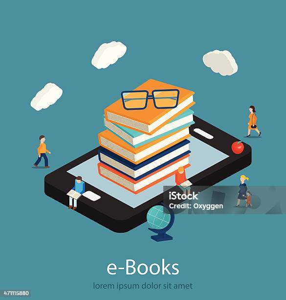 Ebooks Isometric Concept Online Mobile Library In Smartphone Stock Illustration - Download Image Now