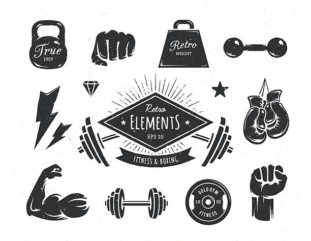 retro elementy fitness - barbell stock illustrations