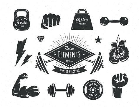 Set of retro styled fitness design elements. Vintage gym and boxing attributes. Vector illustrations.