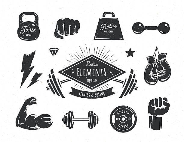 Retro Fitness Elements Set of retro styled fitness design elements. Vintage gym and boxing attributes. Vector illustrations. weight illustrations stock illustrations