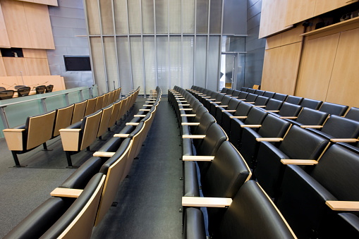 American Courtroom Seats. Interior of Courthouse in Town Hall.