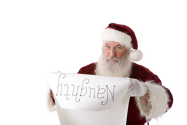 Real Santa Claus on White Reading Naughty List Copy space