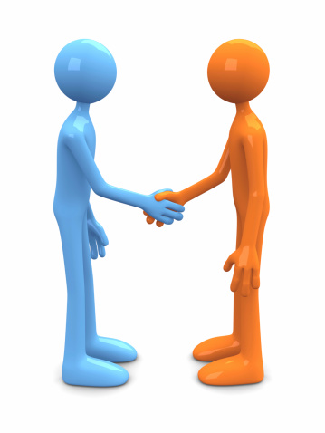 Two 3d characters shaking hands.