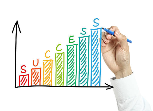 Businessman drawing success concept Businessman is drawing success concept with blue marker on transparent board isolated on white background. man writing on white board stock pictures, royalty-free photos & images
