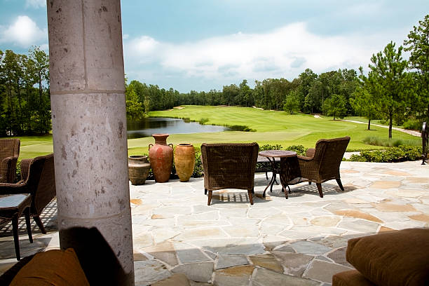 istock View from a resort porch of pond and golf course. 471121499