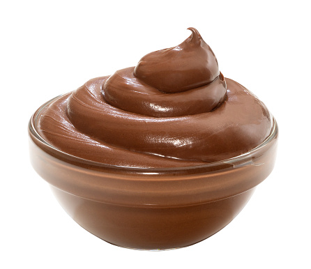 A bowl of chocolate hazelnut spread,isolated on white background with clipping path.