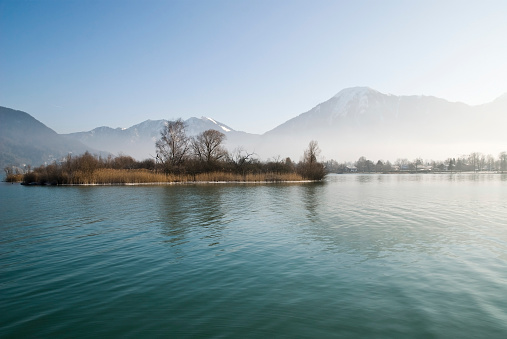 lake panorama at tegernsee in the morning of a cold winter day