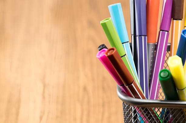 istock Colorful pen in metal pen pot 471129410