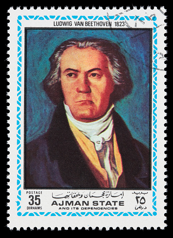 An Ajman postage stamp with an 1823 painting of Beethoven at age 53. DSLR with 100mm macro; no sharpening.