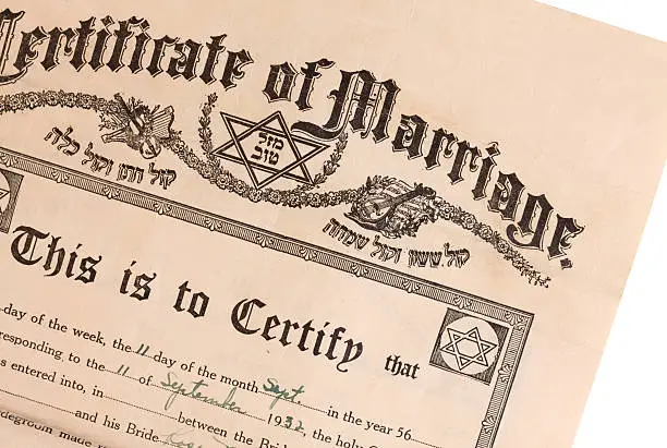 Jewish marriage certificate from 1932 - isolated on white.