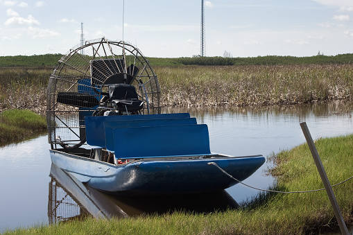 Close-up of an airboat in the Everglades wetlands, Florida