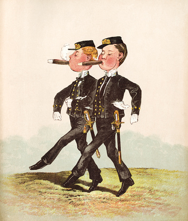 A pair of swaggering midshipmen in the British Royal Navy, smoking fat cigars and looking smug. They’ll probably suffer for it later. From “Army and Navy Drolleries” by ‘Captain Seccombe’; published by Frederick Warne and Co., London, c1875-6.