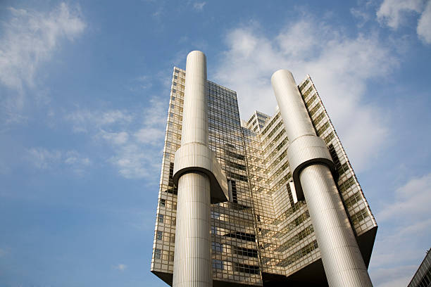 Modern office building exterior with blue sky