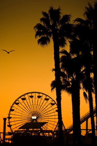 Santa Monica, USA - March 16, 2019: The welcoming arch of Santa Monica Pier in Santa Monica, USA by night. The site is an iconic 100-year-old landmark for California visitors.