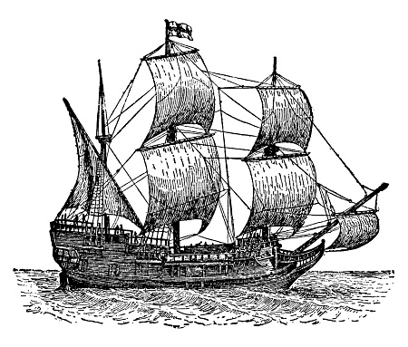 Old XIX century engraving of Mayflower, the ship that transported the first European settlers in North America.  