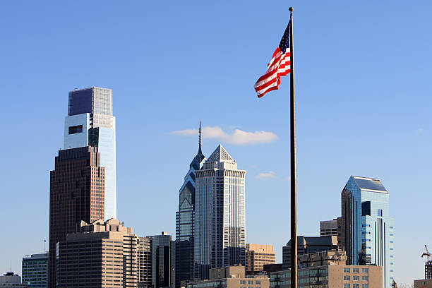 American flag and Philadelphia skyline