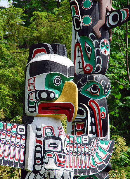 Stanley Park Totem Pole Close up of the totem poles at Stanley Park in Vancouver, BC. Totem poles are monumental sculptures carved from trees, usually cedar, by various Indigenous people along the Pacific northwest coast of North America. pacific northwest totem poles stock pictures, royalty-free photos & images