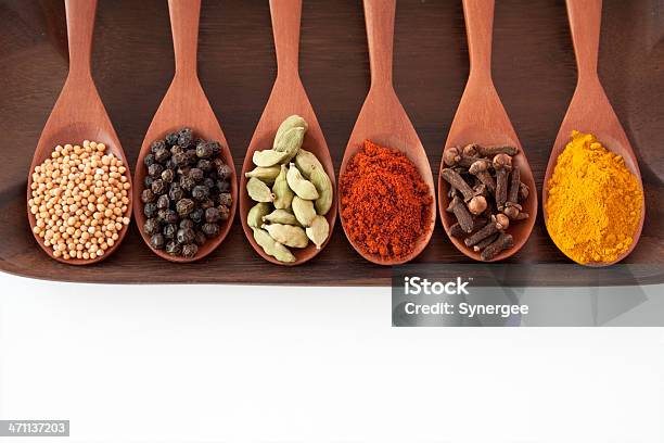 Spices On Spoons Stock Photo - Download Image Now - Black Peppercorn, Border - Frame, Cardamom