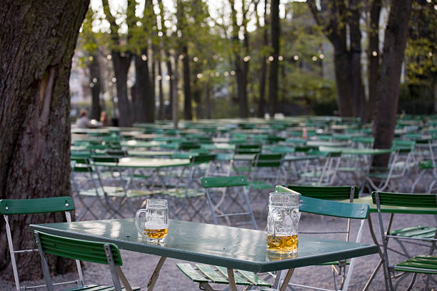 beergarden scene with empty glasses XL stock photo