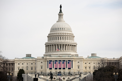 The US Capitol Building, decorated in preparation for the inauguration of President Obama.   