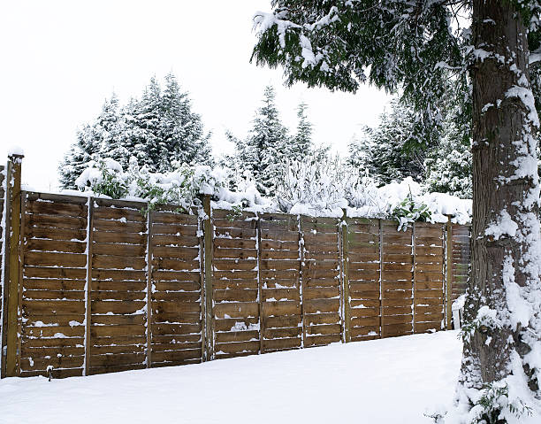 istock garden fencing covered with snow 471140917